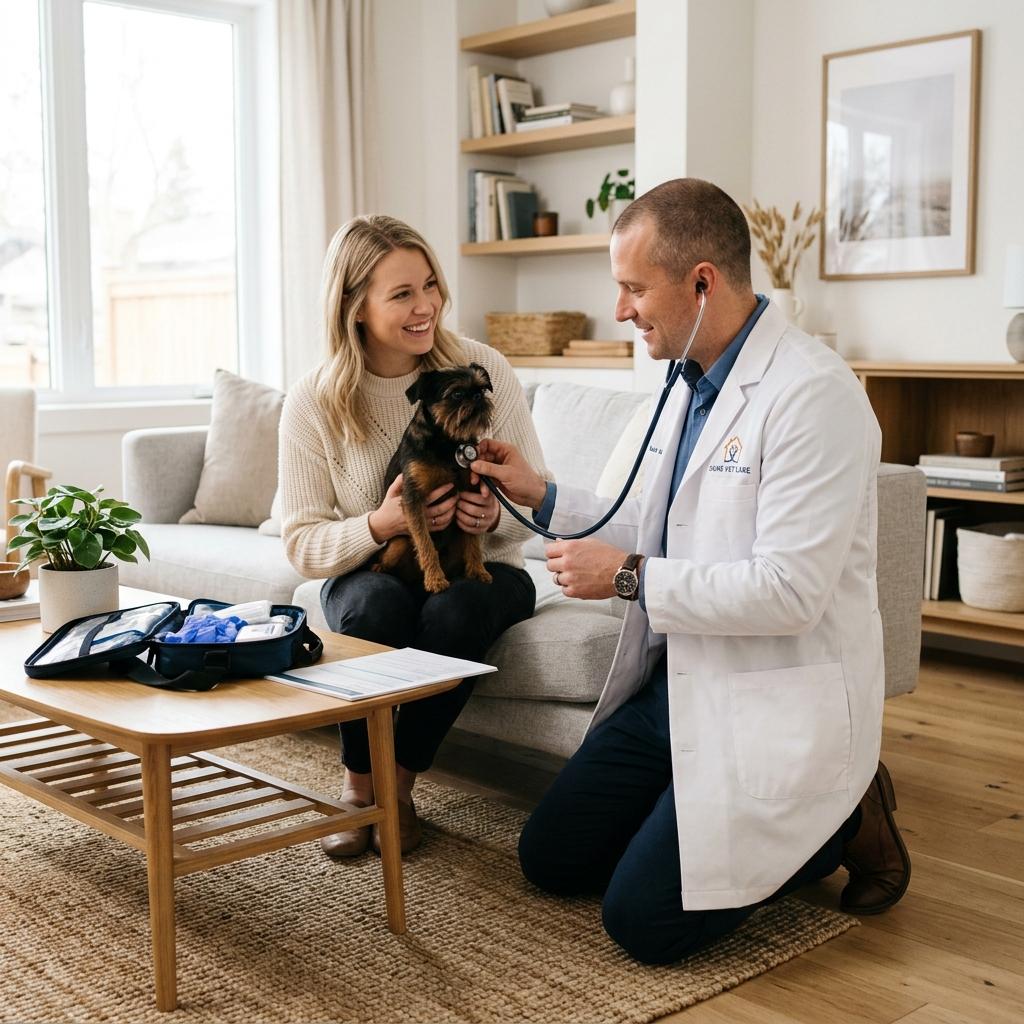 Vet examining dog at home